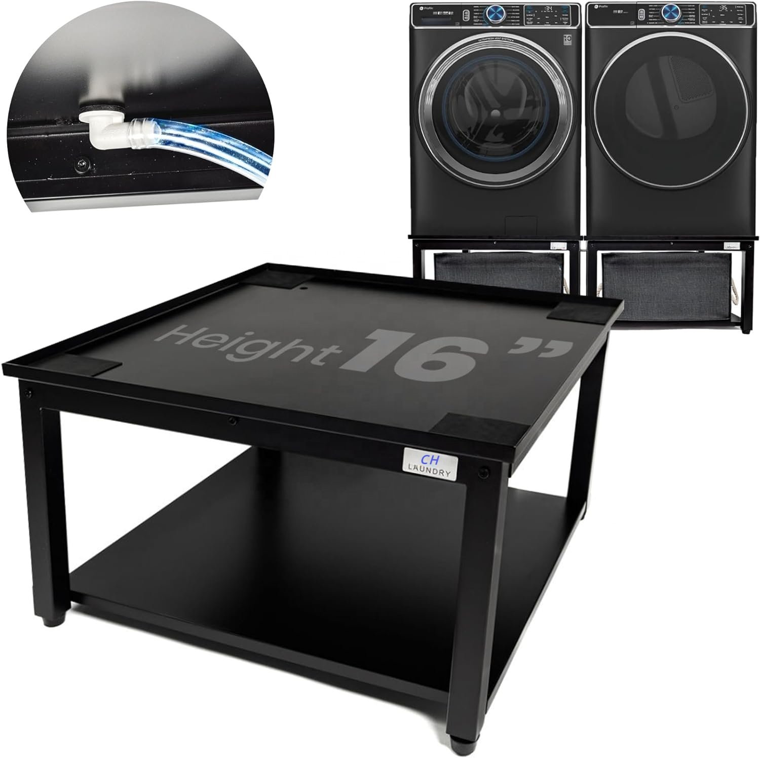 Black metal modern universal 16 inch drain pan hose adjustable foot pad bracket 28 inch base, suitable for bathroom and hotel use