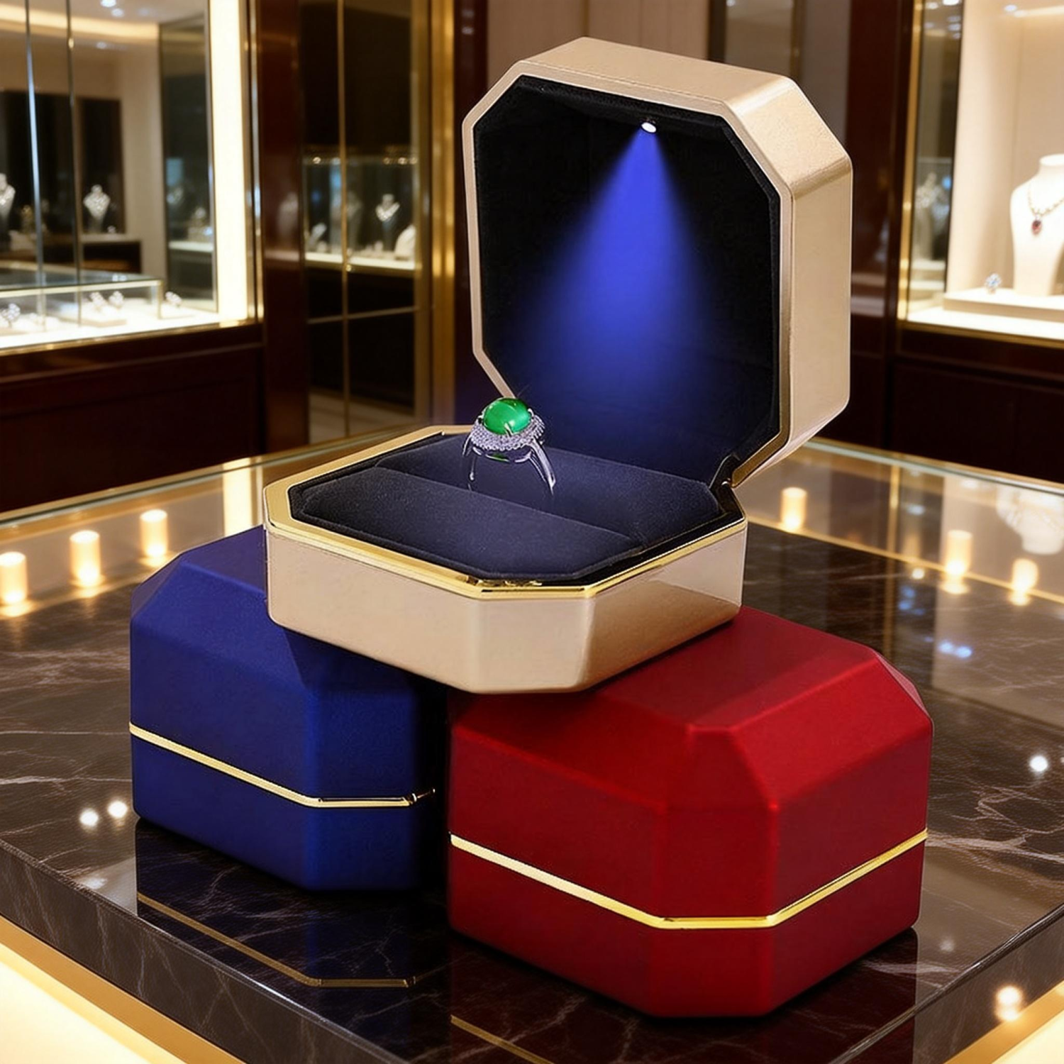 2026 High quality luxury gold OEM ODM customized brand logo LED jewelry box light, can accommodate rings